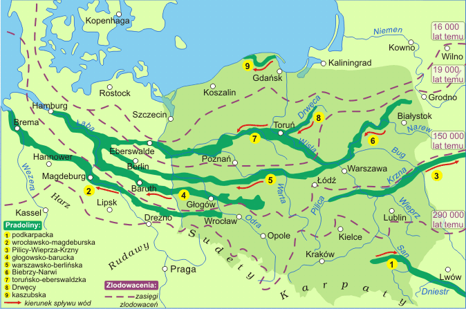 Pradoliny powstawały równolegle do czoła lądolodu. Autor mapy: Sławomir Lamparski. Konsultacja merytoryczna: prof. Leszek Marks